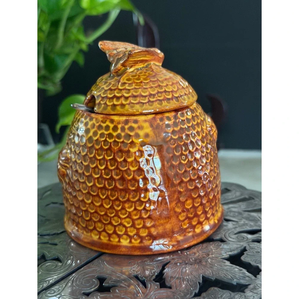 Cherokee Pottery Honey Pot Beehive Jar Bee Finial Brown Glazed Signed